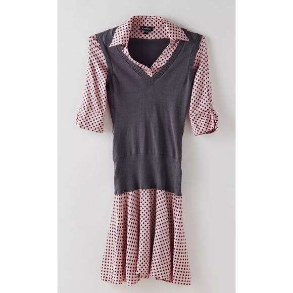 Vintage Twee Y2K bebe Womens XS 50's Inspired Polka Dot Grey and Pink Silk Blend - Picture 1 of 10